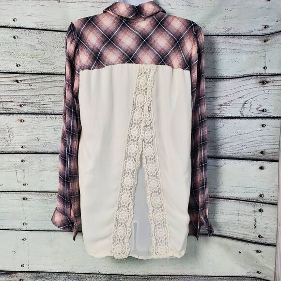 Jolt Women's XL Pink Plaid Button Down Shirt Lace Back Sheer Contrast Long Sleev - Picture 7 of 8